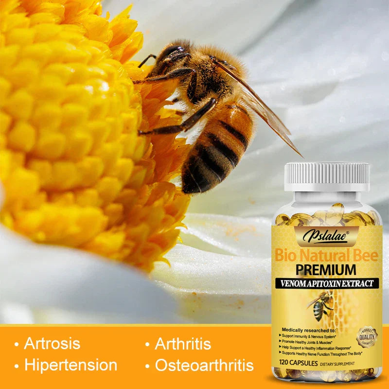 Bottle of Bio Natural Bee Premium capsules with bee venom extract next to a bee on a yellow flower, promoting joint pain relief and immune support