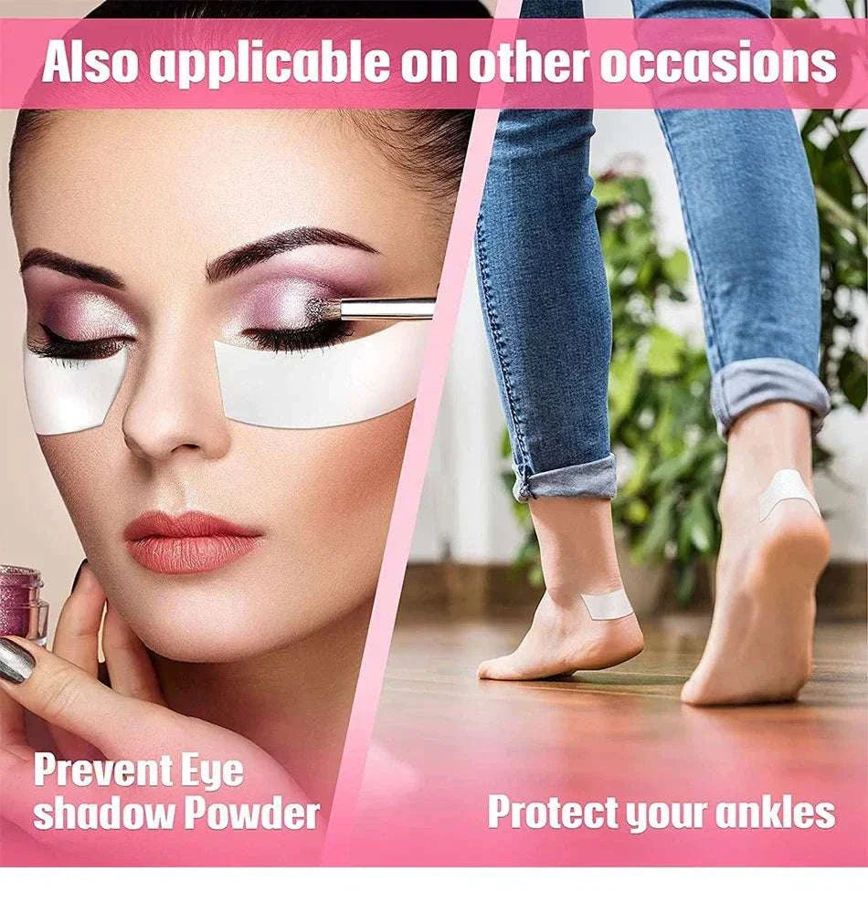 Woman wearing white under eye tapes while applying eyeshadow and person with white adhesive tape on ankle for protection