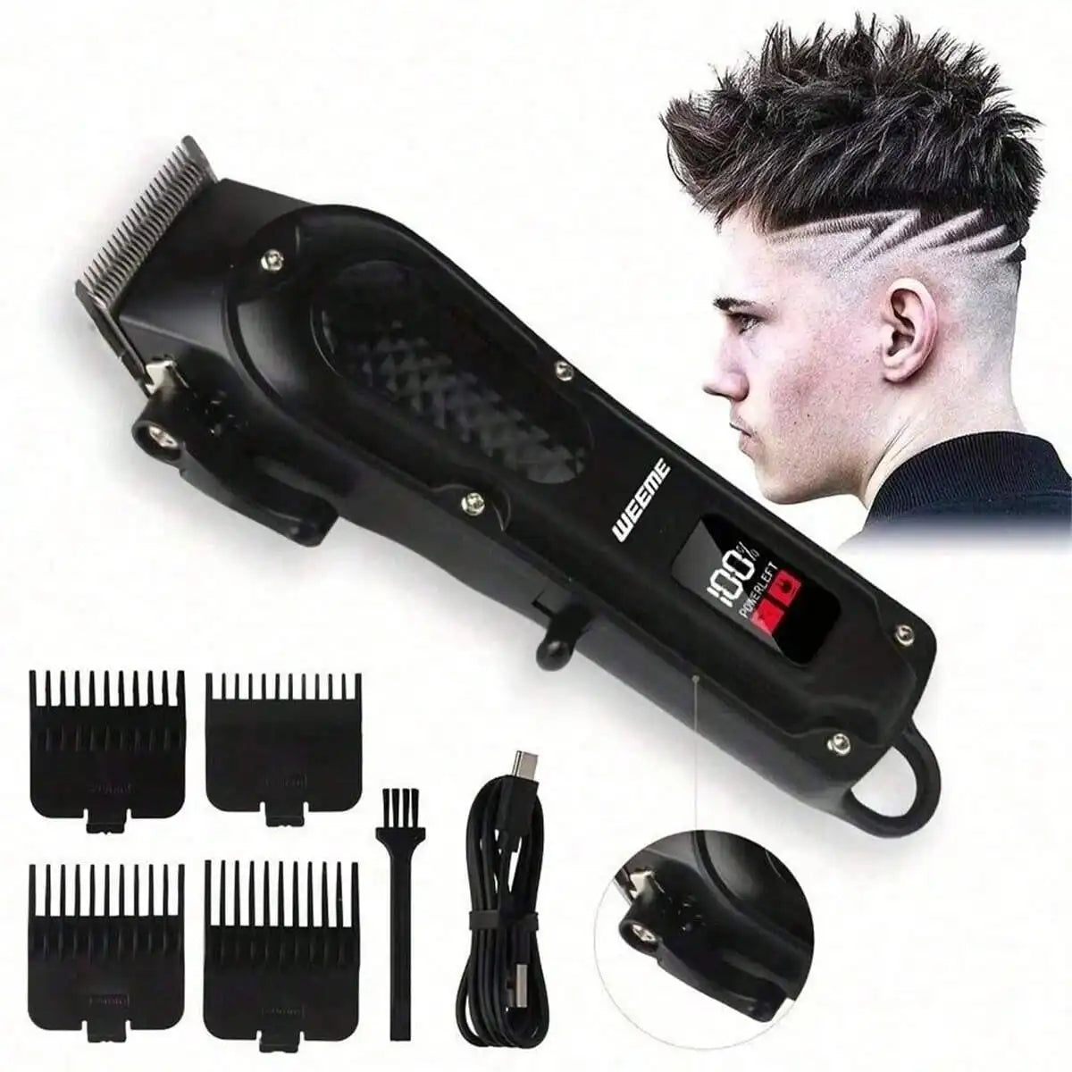 USB rechargeable hair clipper with precision blades and grooming accessories