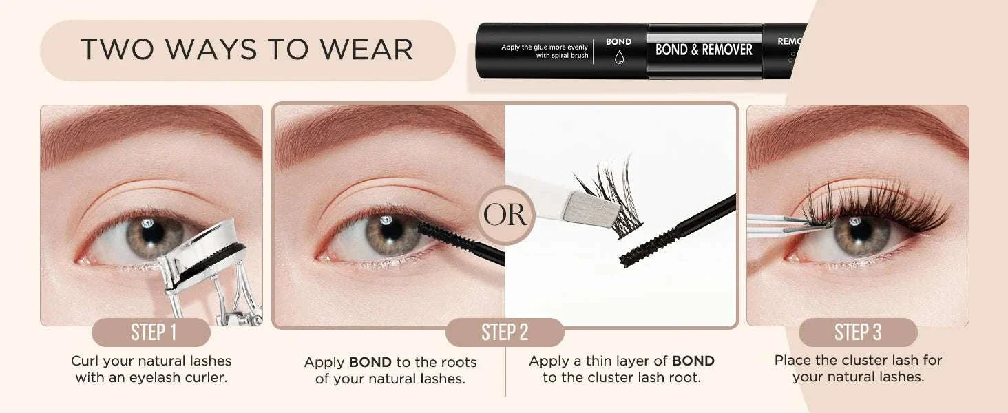 2-in-1 Bond & Seal Lash Glue with dual-ended applicator for curling and securing natural and cluster lashes, waterproof and long-lasting formula.