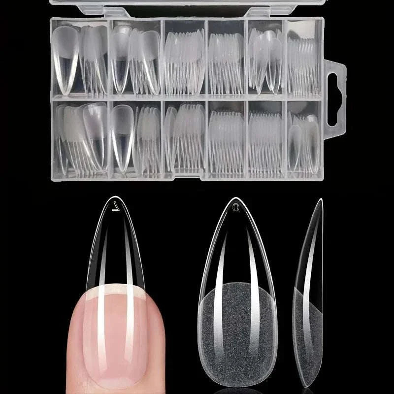 120-piece full cover press-on nail tips set with various shapes in a clear storage box
