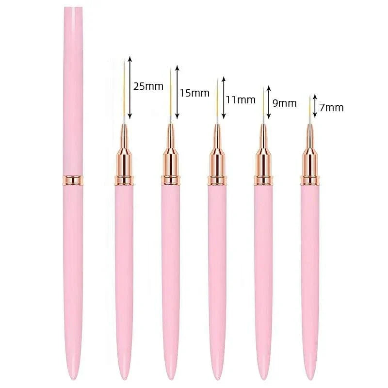 Set of 5 pink nail liner brushes with varying bristle lengths for precise nail art designs