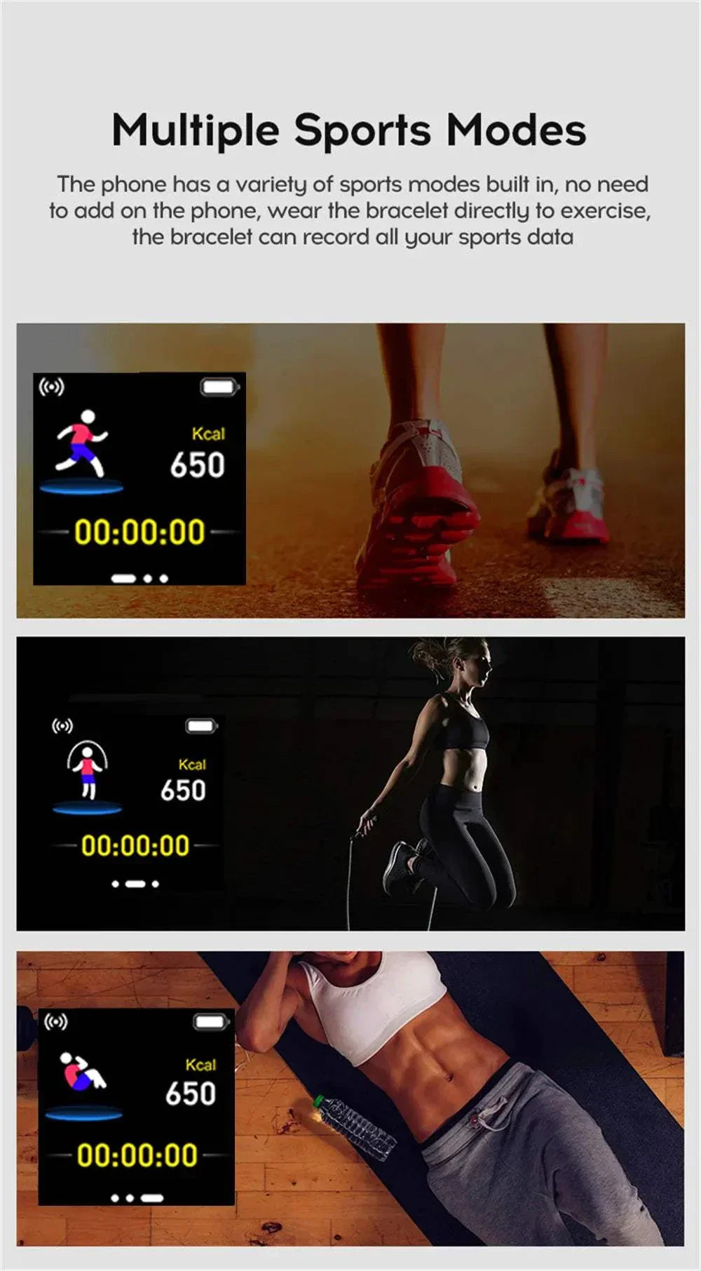 Multifunction Smart Watch displaying multiple sports modes with fitness tracking features during running, weightlifting, and yoga activities