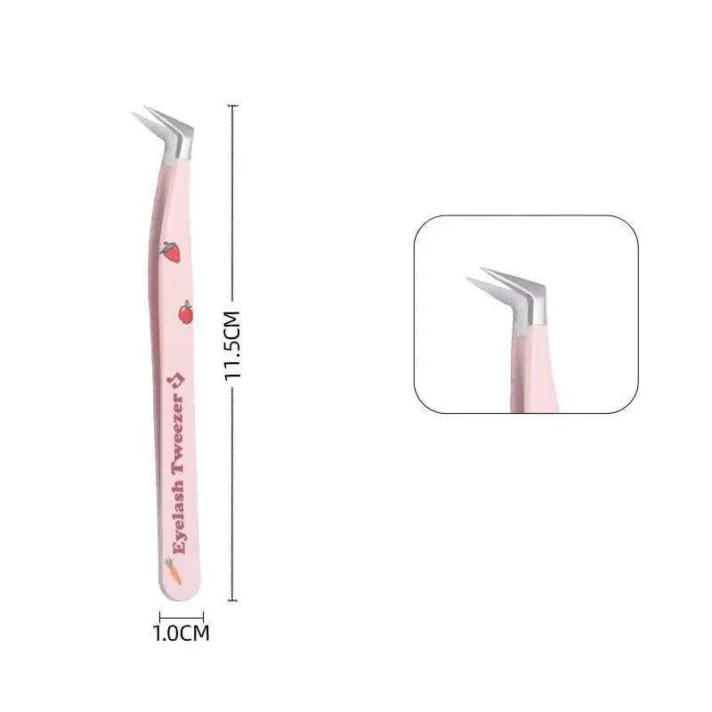 Pink angled false eyelash tweezers with ergonomic design and stainless steel tips, measuring 11.5 cm length.