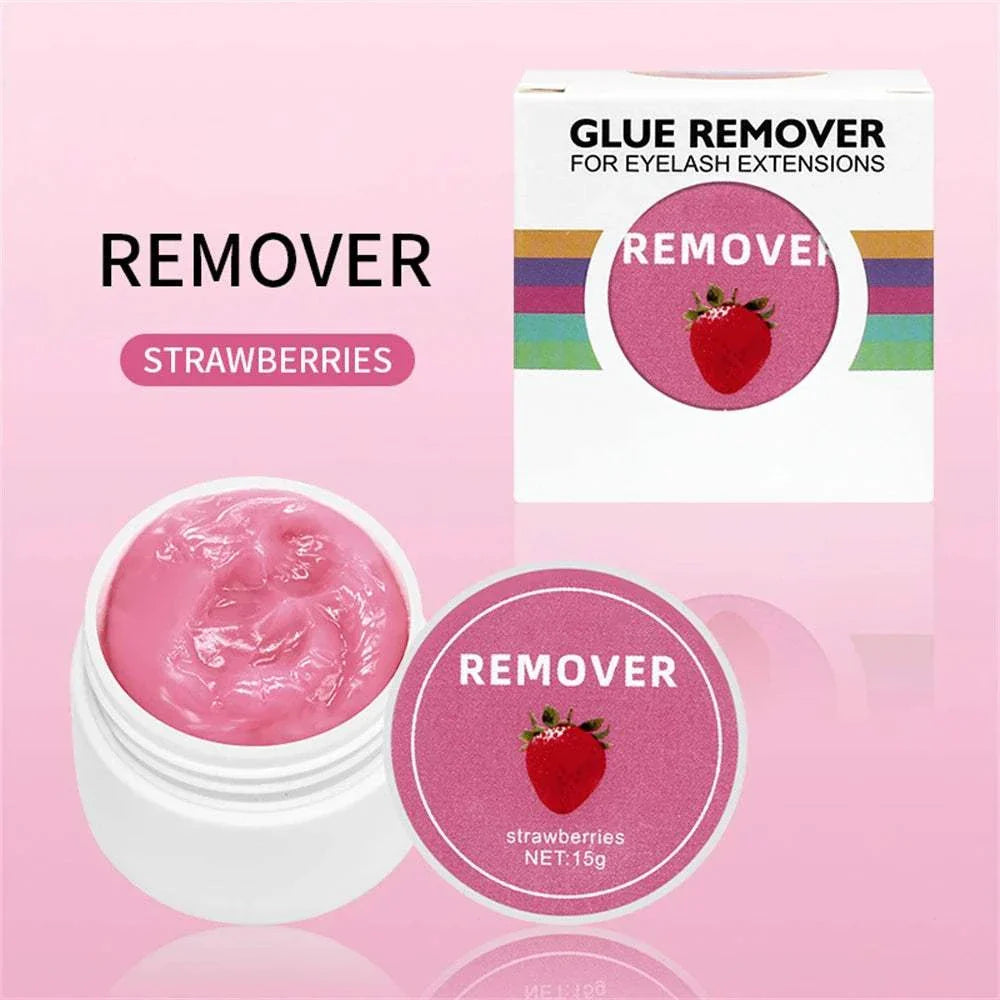 Eyelash glue remover cream in a 15g jar with strawberry scent, gentle Korean formula for safe and fast lash extension glue removal.