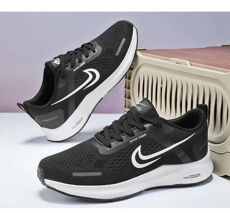 Black lightweight running shoes for men with breathable mesh and white sole