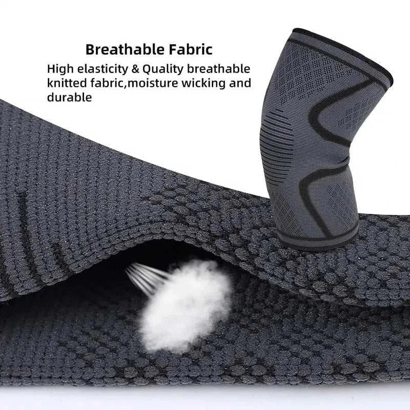 Elastic elbow support sleeve with breathable, moisture-wicking fabric for sports and fitness.