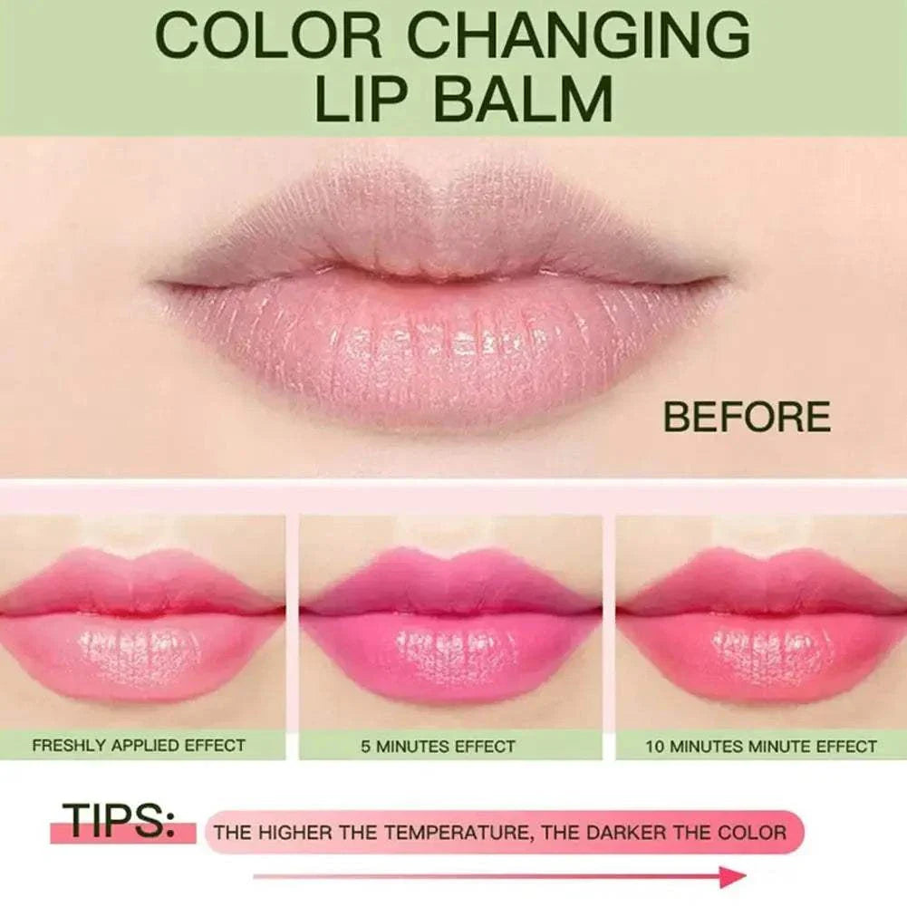 Aloe Vera color-changing lip balm showing natural lips before and gradual pink shade development at 0, 5, and 10 minutes effects