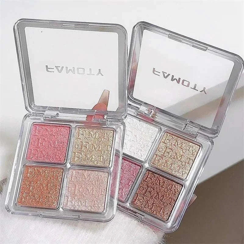 4 Colors Diamond Highlighter Powder Palette with four radiant shimmer shades in a compact case for multi-use glowing makeup.