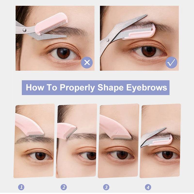 Karsyngirl Eyebrow Trimming Knife Set showing correct technique for shaping eyebrows with comb attachment and precision blades