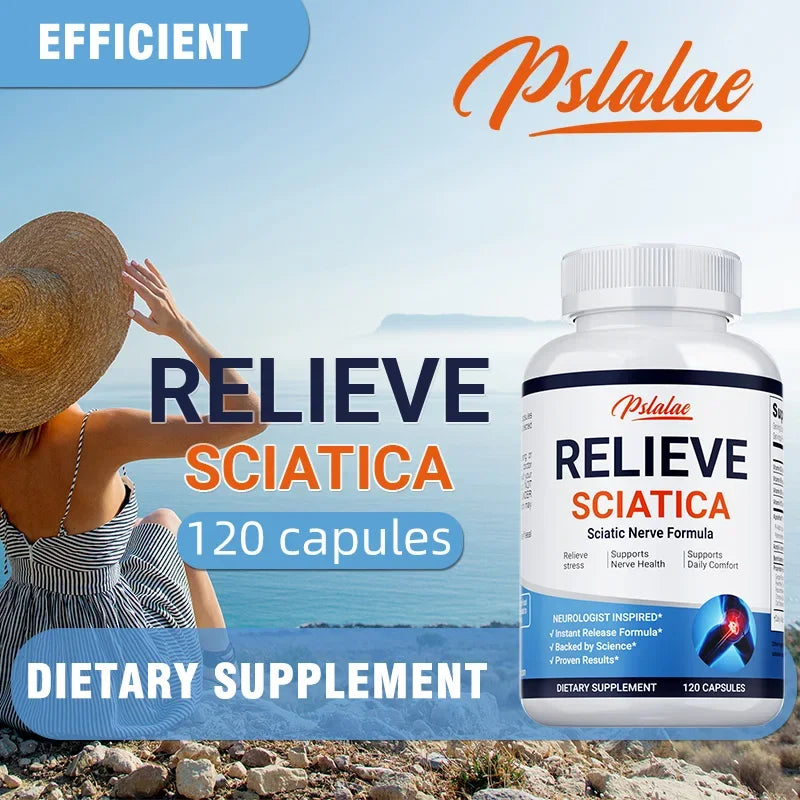 Bottle of Pslalae Relieve Sciatica dietary supplement with 120 capsules against a beach background, promoting pain relief and mobility support.