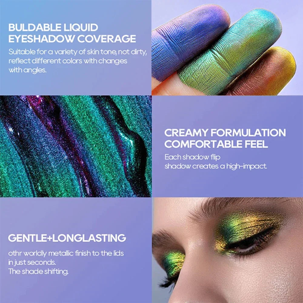 Chrome shifting chameleon liquid eyeshadow showing multichrome, buildable coverage and creamy, long-lasting metallic finish on fingers and eyelids