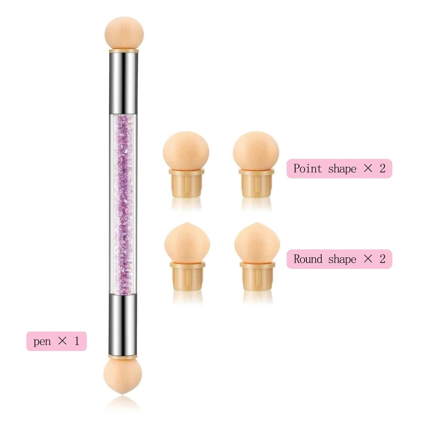 Double-headed sponge nail art brush with interchangeable point and round shaped tips for gradient and dotting designs