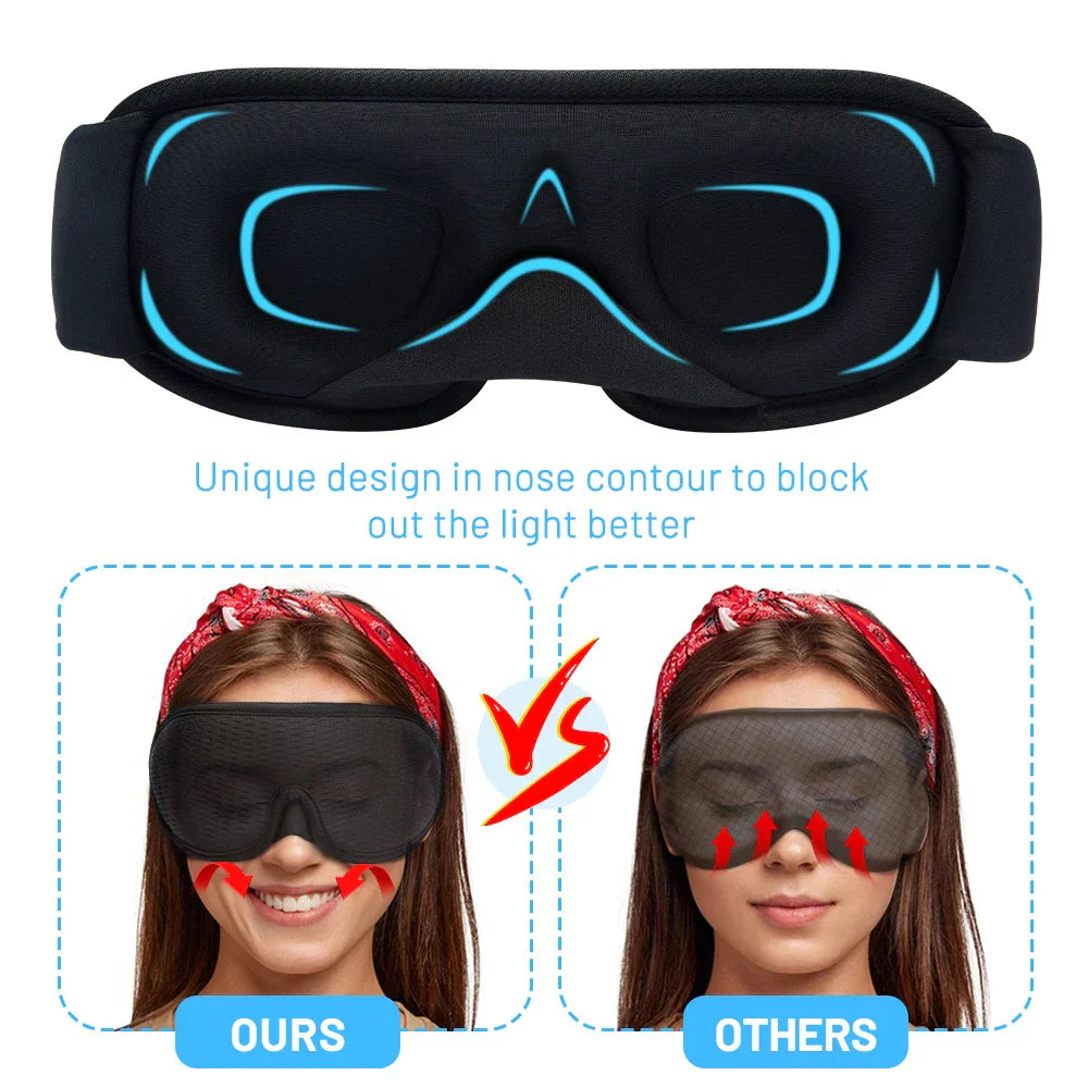 Black 3D Sleeping Mask with ergonomic nose contour design for total light blockout, breathable and adjustable strap for comfortable sleep.
