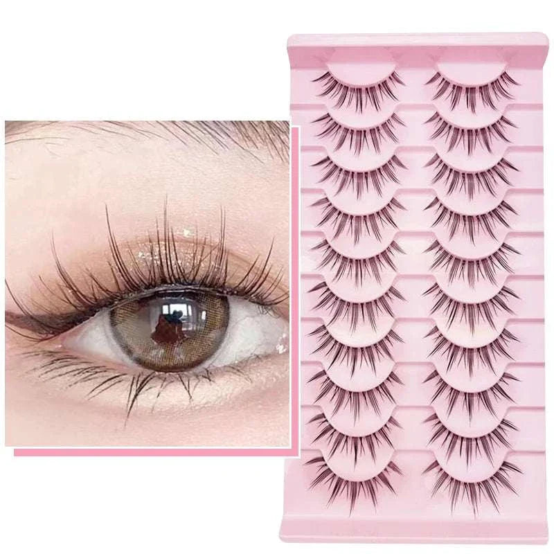10 pairs of natural manga full strip lashes with anime-inspired, voluminous, lightweight design for everyday glam, cosplay, and resale.