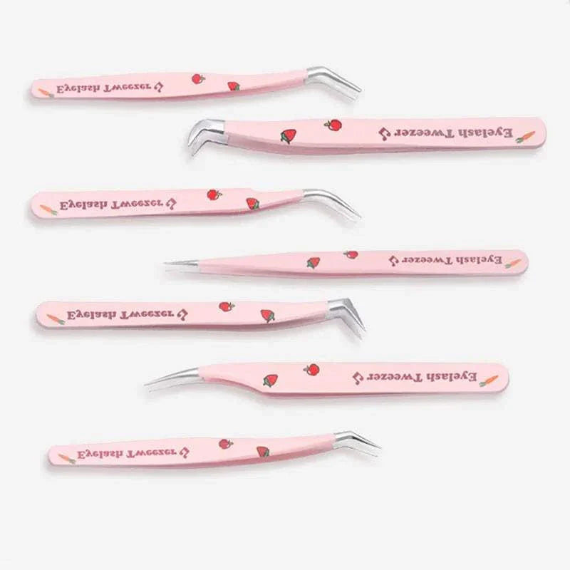 Set of 6 pink false eyelash tweezers with various angled tips for precise lash application and removal