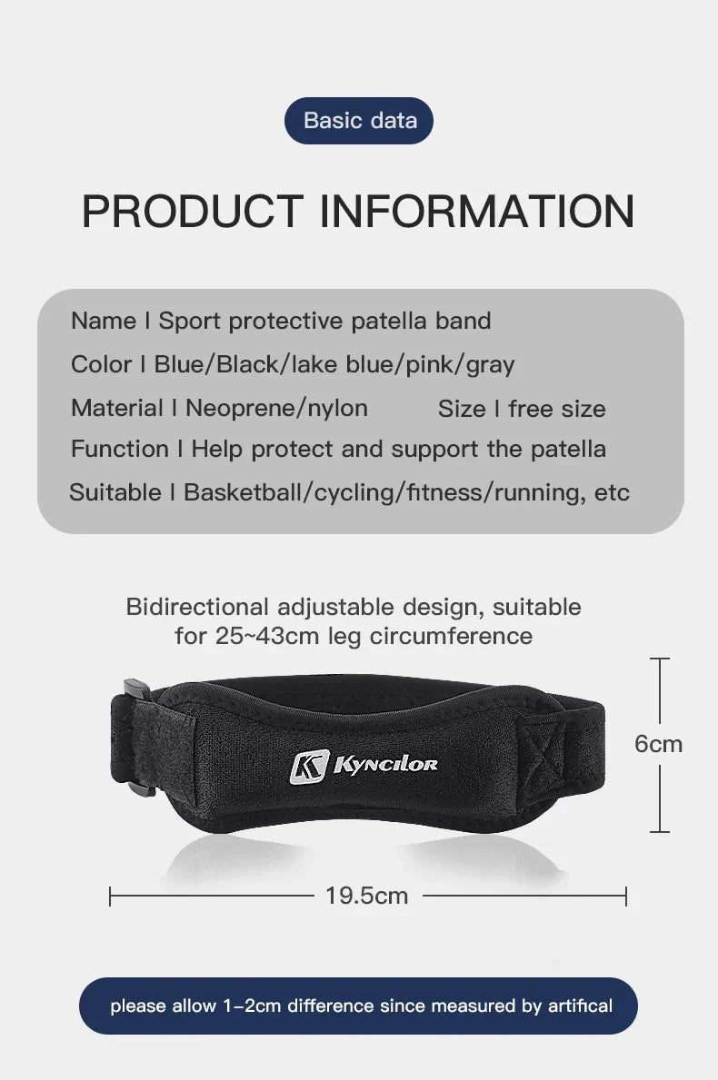 Adjustable silica gel knee tendon strap protector with breathable neoprene, hook-and-loop closure, and ergonomic pad for patella support during sports and fitness activities.