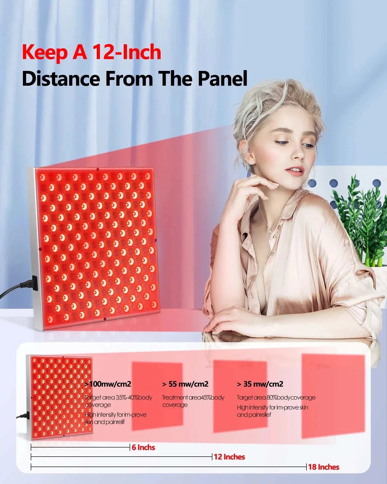 Woman using a 45W LED Red Light Therapy Panel for skin care and pain relief at 12-inch distance