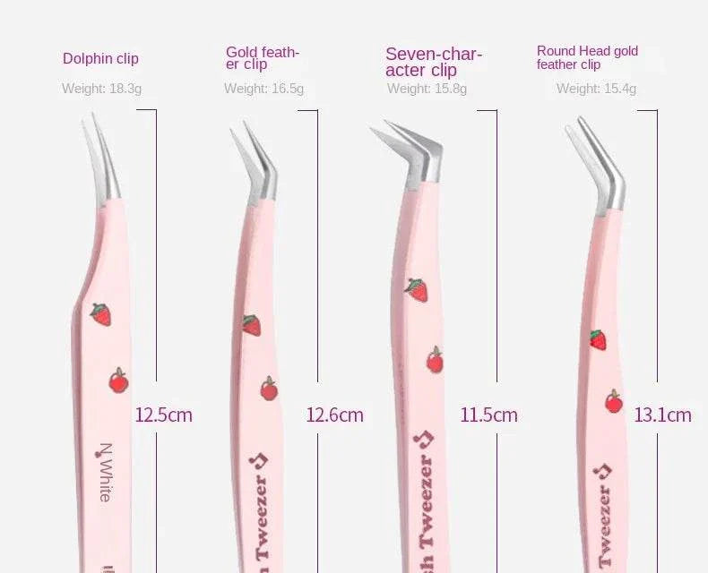 Set of 4 pink false eyelash tweezers with strawberry designs in various curved and angled shapes for precise lash application.