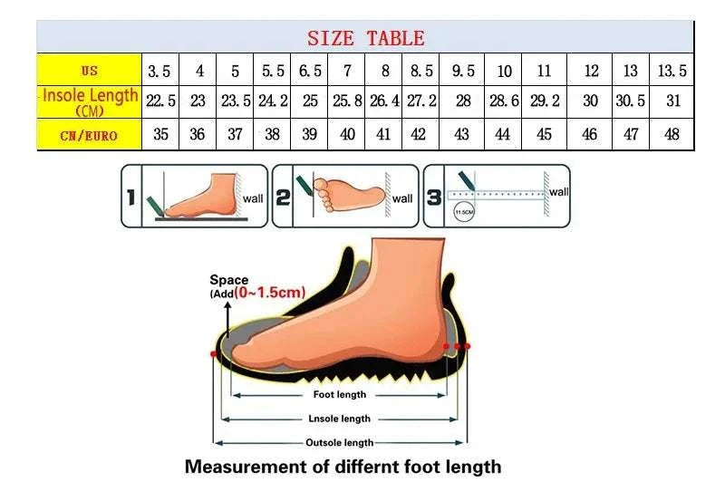Size chart and foot measurement guide for men's casual sport shoes with insole and outsole length details in US and Euro sizes.