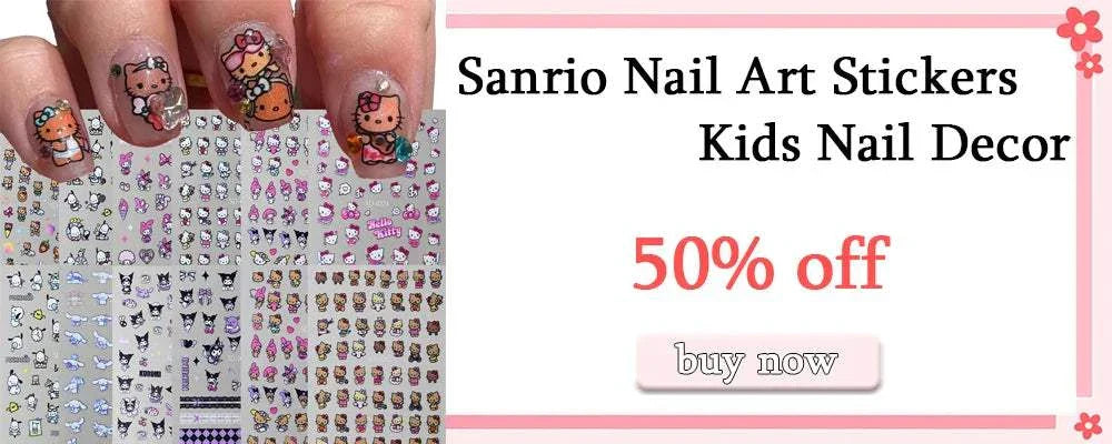 Cartoon Mini Stitch angel nail stickers applied on nails with colorful Sanrio character nail art sheets in background, kids nail decor promotion with 50% off offer.