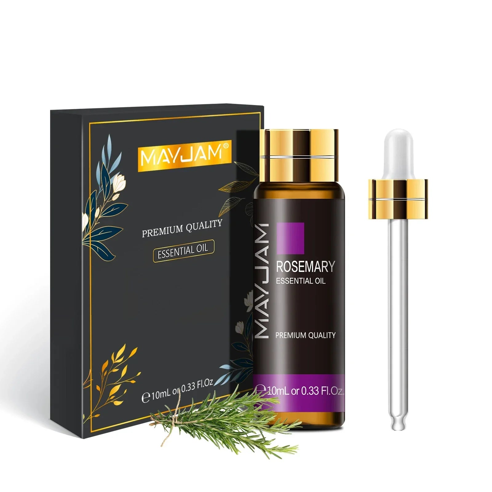MAYJAM Essential Oil 10ml bottle with dropper and black packaging, premium quality rosemary scent