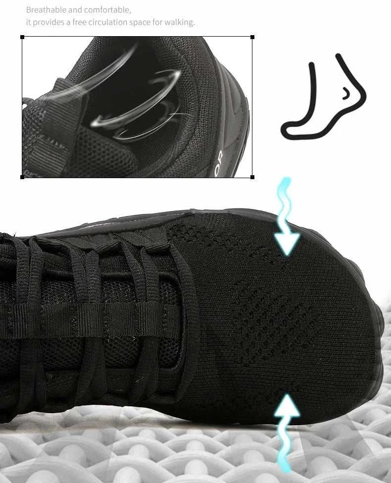 Breathable black new hiking shoes with flexible, wide-fit barefoot design and secure laces for outdoor and indoor use