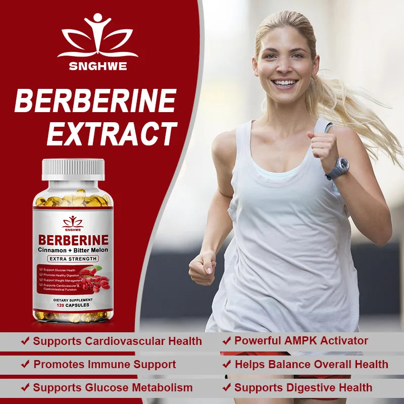 Berberine with Ceylon Cinnamon capsules bottle with health benefits beside active smiling woman in white tank top running outdoors