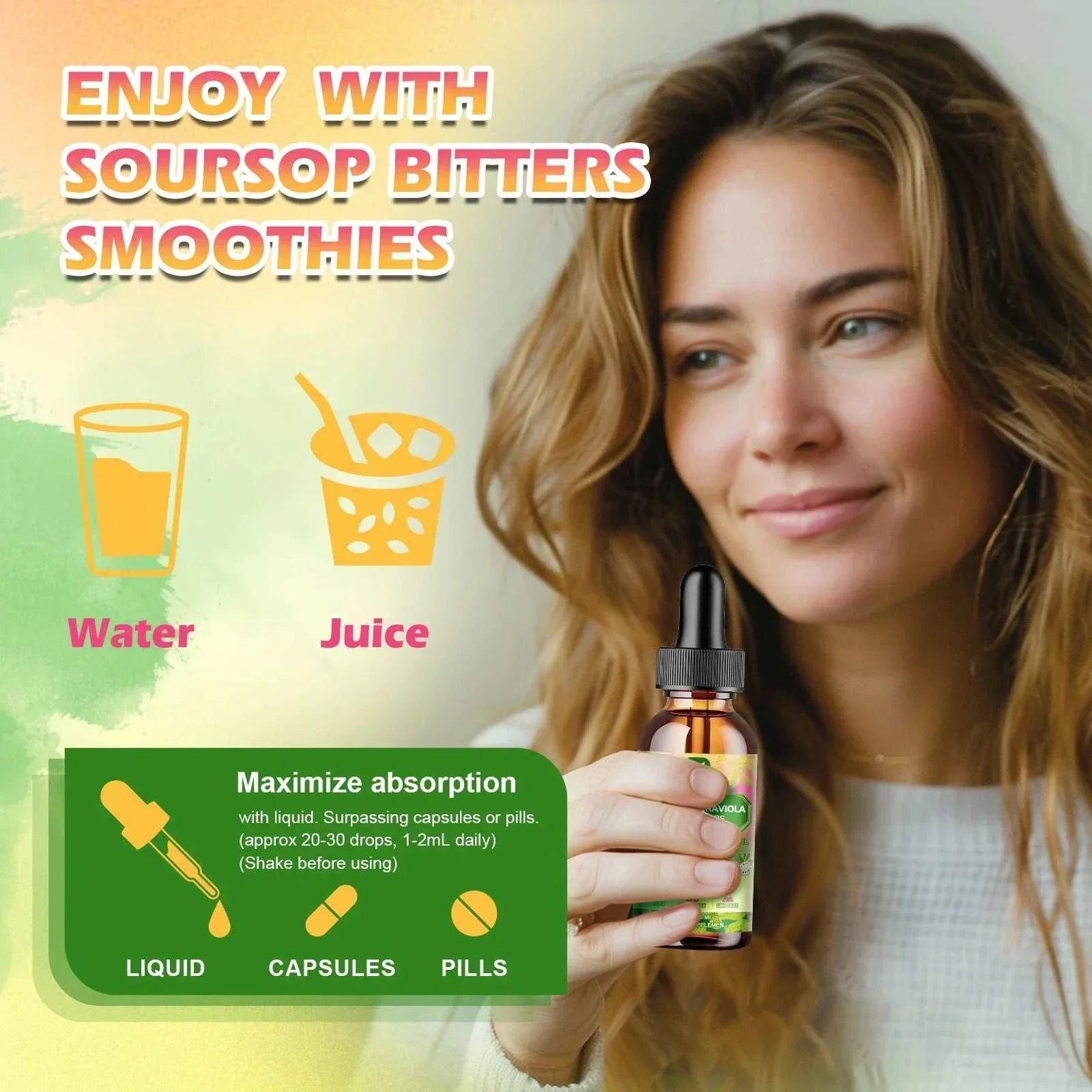 Woman holding Soursop Graviola Extract Drops bottle promoting immune support and antioxidant benefits in a smoothie ad