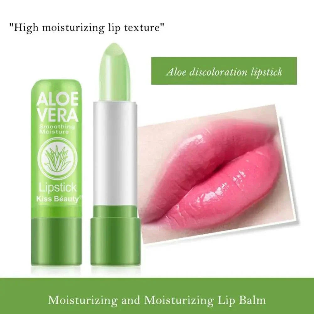 Aloe Vera Color-Changing Lipstick with moisturizing aloe formula and temperature-activated pink shade