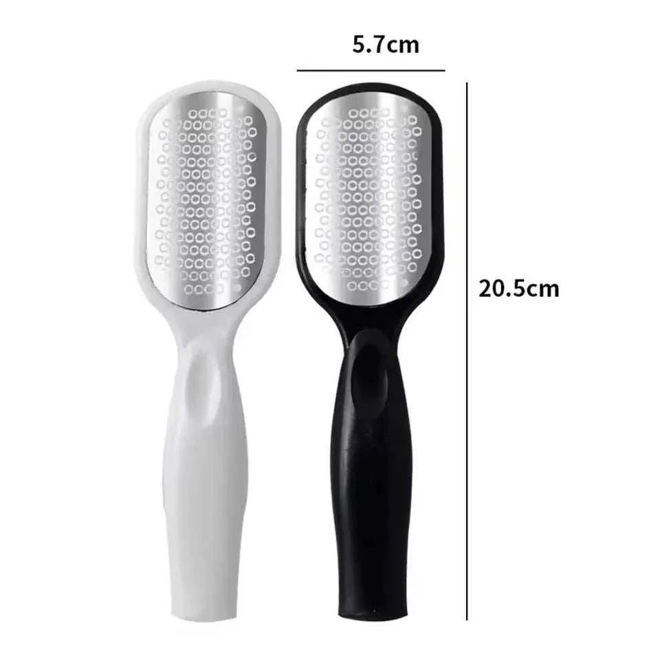 Professional foot file rasp with stainless steel grater and ergonomic handle for callus removal and smooth feet, available in black and white.