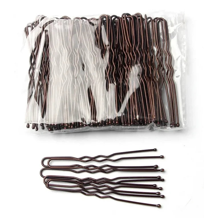 50Pcs U-shaped metal hair pins with waved design for secure hold and elegant styling.