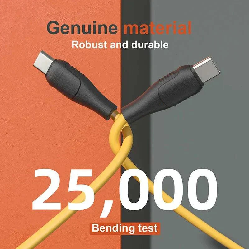 Fast Charging PD USB Charger with durable yellow cable and reinforced USB-C connectors, passing 25,000 bending tests for robust and reliable performance.