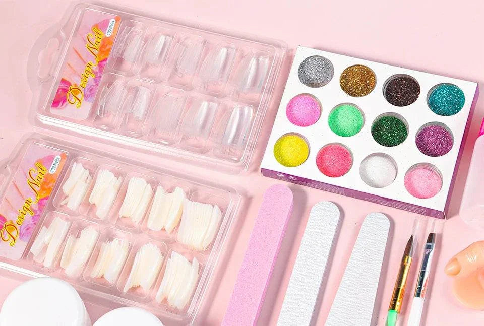 Nail Acrylic Powder & Liquid Monomer Kit with clear nail tips, glitter powders, nail files, and brushes for 3D nail art and sculpting