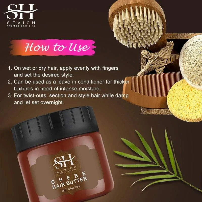 African Crazy Chebe Hair Oil in jar with natural hair care tools and usage instructions for hair growth and scalp nourishment