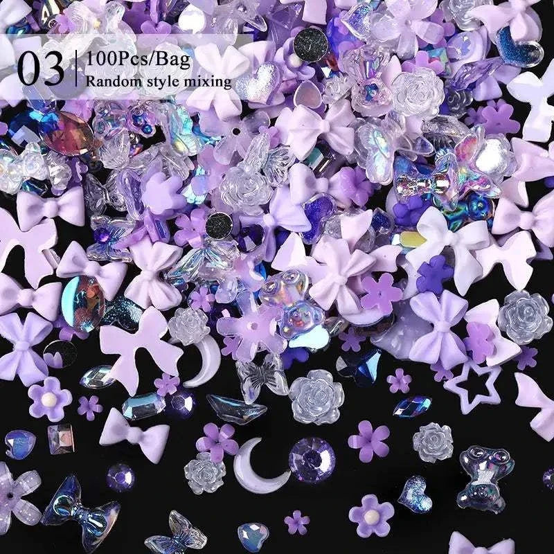 Assorted purple and iridescent rhinestones and nail art decorations for use with BORN PRETTY 10g Gel Nail Glue
