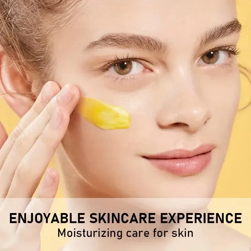 Woman applying yellow bee venom neck cream for moisturizing and anti-aging skincare