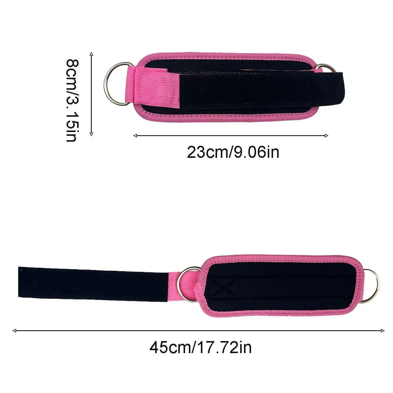 Adjustable pink and black ankle straps with double D-rings for gym workouts and resistance training