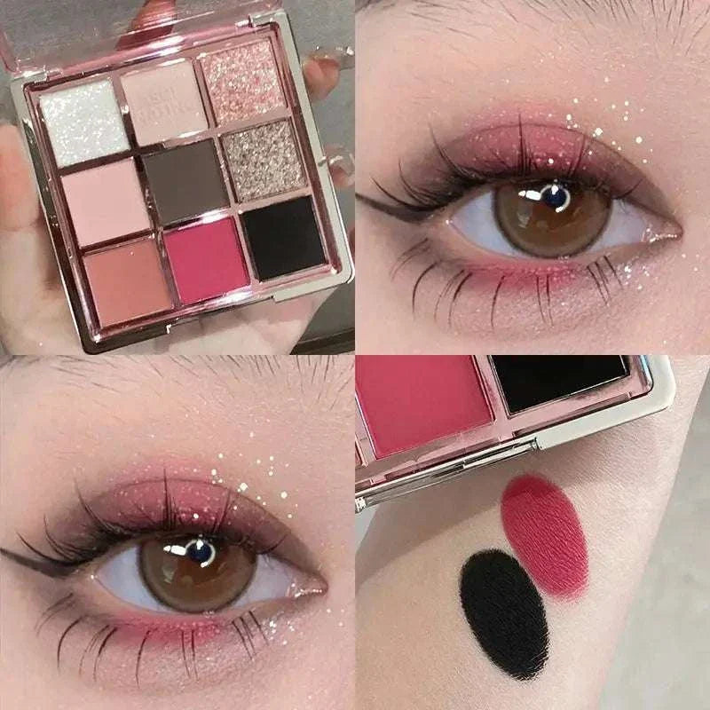 9 Colors Eyeshadow Palette with matte and shimmer shades in black, grey, silver, pink, and neutrals, shown with eye makeup looks and swatches on skin.