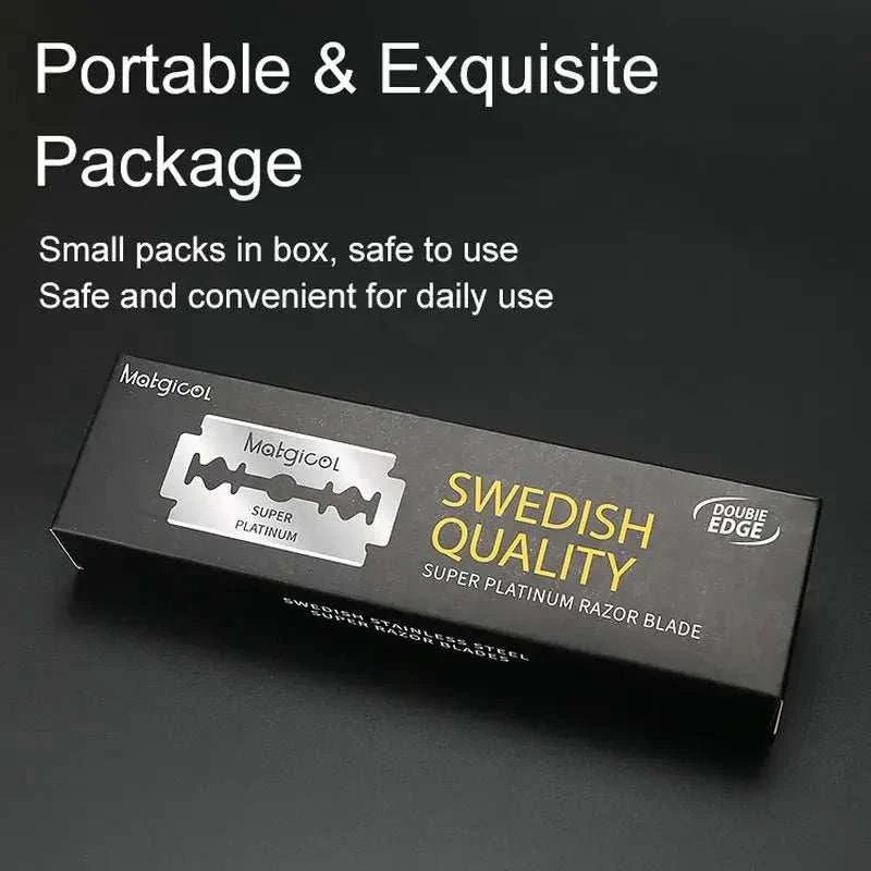 Black box of Swedish quality stainless steel razor blades for double edge razors with portable and safe packaging