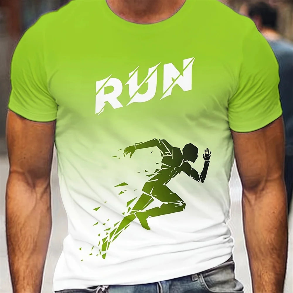 Men's running pattern print sports T-shirt with bold runner graphic and lightweight breathable fabric