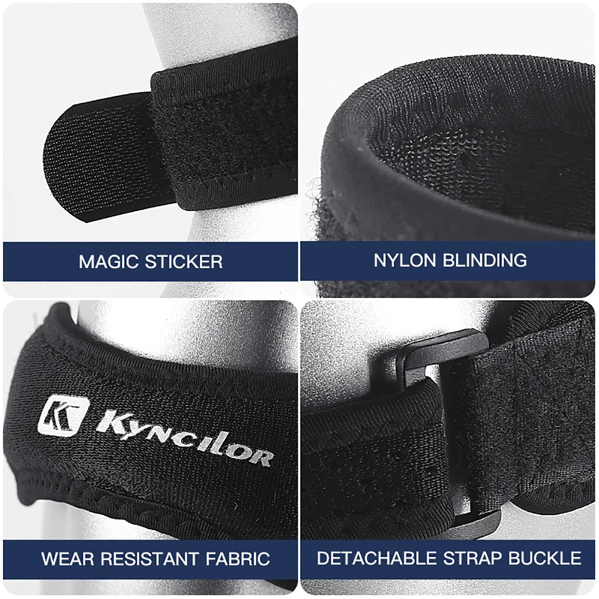 Adjustable silica gel knee tendon strap with hook-and-loop closure, nylon binding, wear-resistant fabric, and detachable buckle for knee support and injury prevention