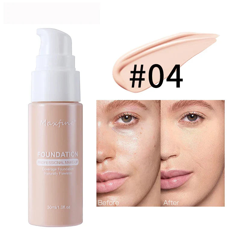 Liquid Foundation & Concealer bottle with shade #04 swatch and before and after facial coverage demonstration.