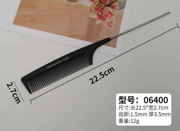 Professional hair tail comb with stainless steel tail and fine teeth for precise styling and parting.