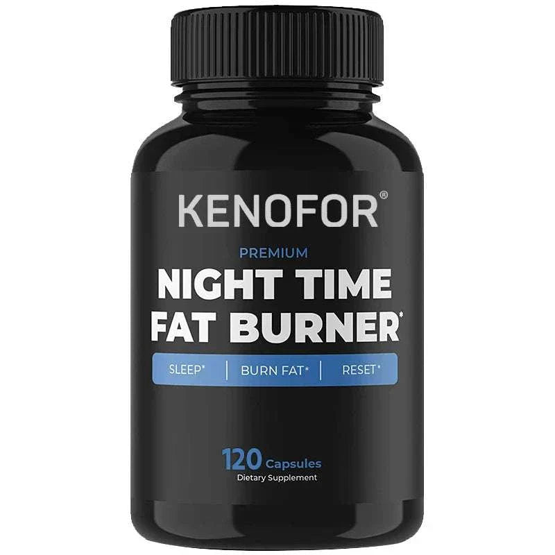 Black bottle of KENOFOR Night Time Fat Burner supplement with 120 capsules for metabolism boost and restful sleep.