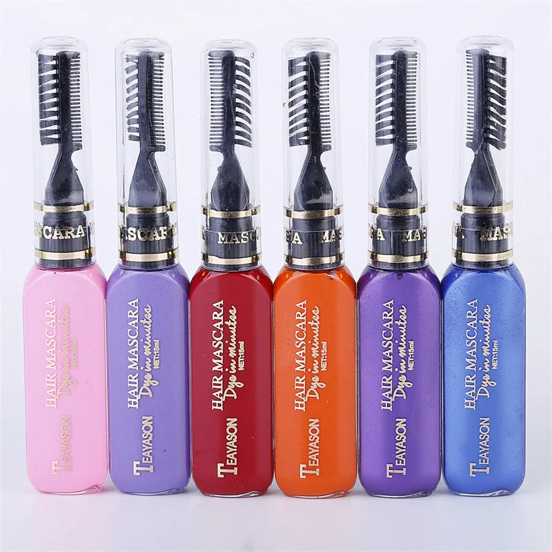 13 Colors One-Off Hair Color Mascara in various shades with brush applicator, washable temporary hair dye.