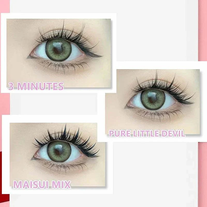 Close-up of three eyes showcasing different eyelash extension styles from the Flowerknow Eyelash Extension Book, including 3 Minutes, Pure Little Devil, and Maisui Mix designs.