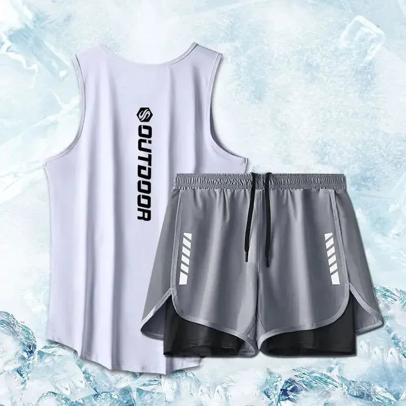 Men’s summer quick-dry fitness tracksuit vest and shorts set with breathable, lightweight fabric and sleek athletic design