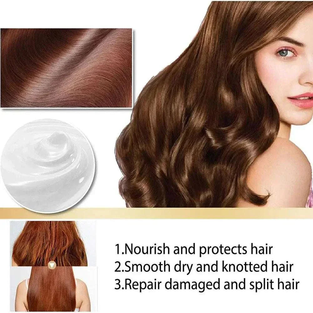 Magical Keratin Hair Mask nourishing cream with before and after images showing smooth, shiny, and healthy brown hair.