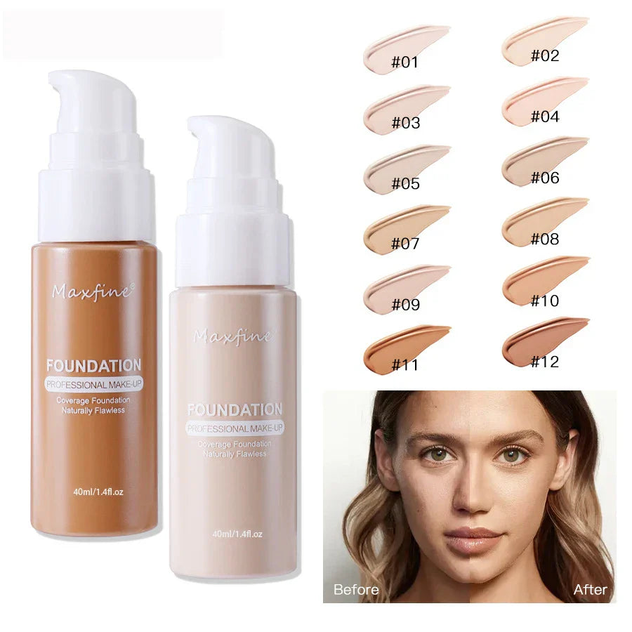 Liquid Foundation & Concealer bottles with 12 shade swatches and before after skin coverage demonstration.